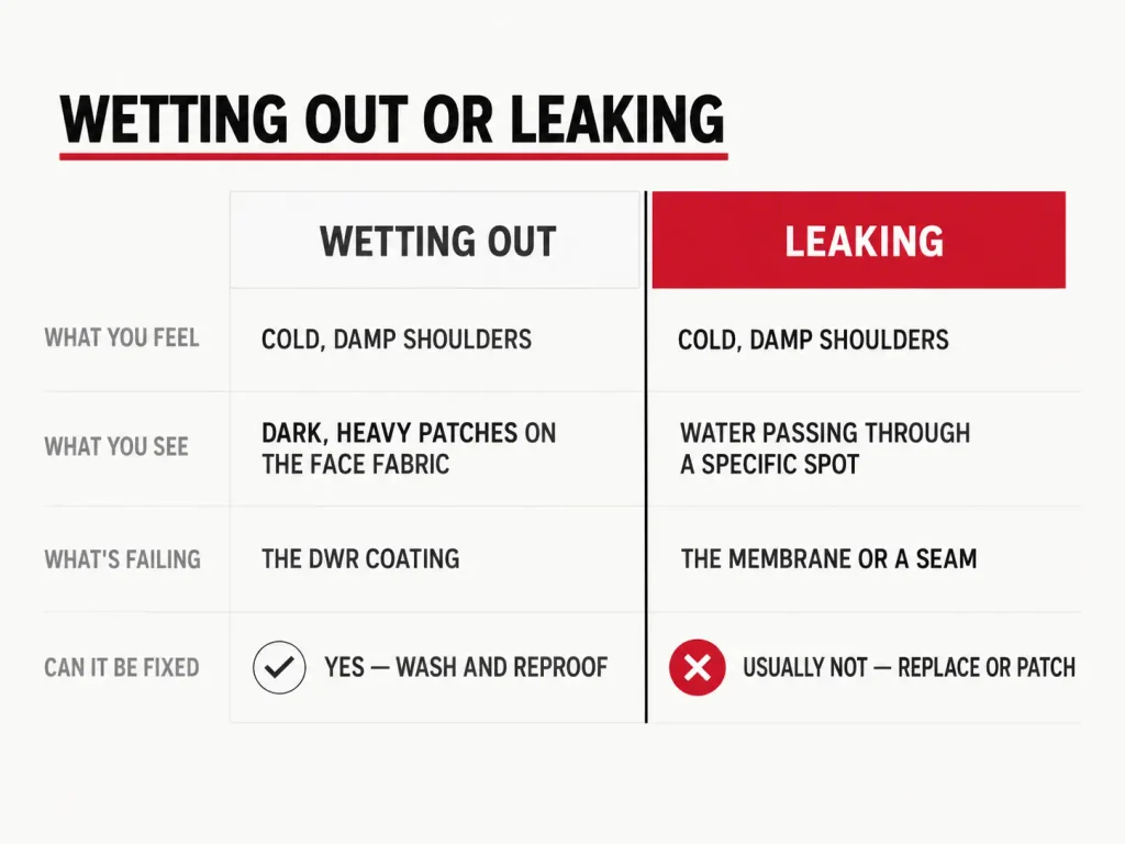 Two-column comparison of a wetting-out rain jacket versus a leaking one, across feel, look, cause and whether it's fixable