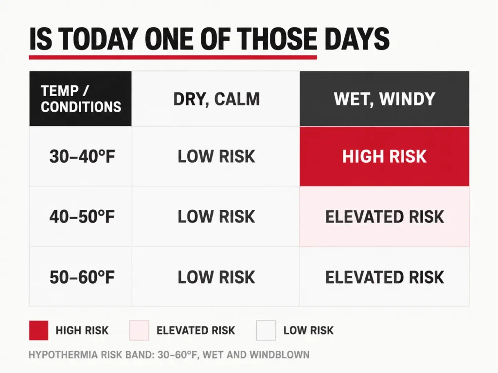 Risk grid crossing air temperature bands with dry-calm versus wet-and-windy conditions to show hypothermia risk