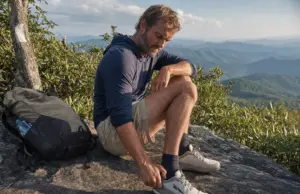 Best Thru-Hiking Shoes That Actually Reach 700 Miles Thru-hiker checking worn Altra Lone Peak trail runners on an Appalachian Trail ridgeline