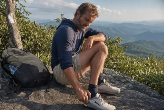 Best Thru-Hiking Shoes That Actually Reach 700 Miles Thru-hiker checking worn Altra Lone Peak trail runners on an Appalachian Trail ridgeline