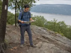 Cold Spring NY Hiking With Breakneck Still Closed Hiker checking a paper map on the Bull Hill trail above the Hudson River, hiking in Cold Spring NY