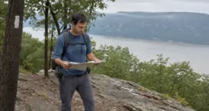 Cold Spring NY Hiking With Breakneck Still Closed Hiker checking a paper map on the Bull Hill trail above the Hudson River, hiking in Cold Spring NY