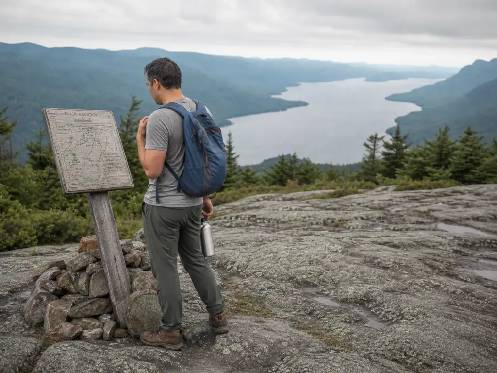 Hikers resting at the open summit on one of the hiking trails near Lake George, NY