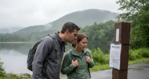 Is Major Welch Trail Open? Yes, With a Detour Hikers reading a trail detour sign near Hessian Lake at Bear Mountain State Park, New York