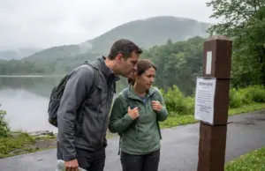 Is Major Welch Trail Open? Yes, With a Detour Hikers reading a trail detour sign near Hessian Lake at Bear Mountain State Park, New York