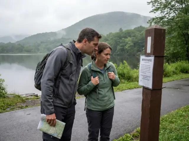 0-major-welch-trail-bear-mountain-detour-sign Hikers reading a trail detour sign near Hessian Lake at Bear Mountain State Park, New York