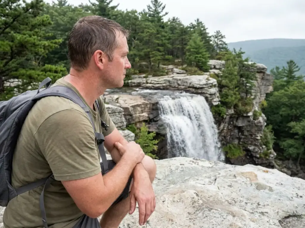 Hiker at the top viewpoint of Verkeerder Kill Falls in Sam's Point Preserve, New York
