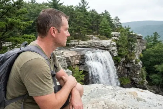 Verkeerder Kill Falls Isn’t 187 Feet Tall Anymore Hiker at the top viewpoint of Verkeerder Kill Falls in Sam's Point Preserve, New York