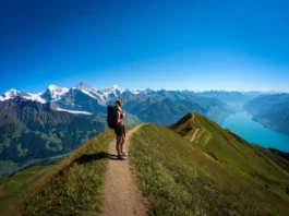 A female hiker on one of the best hiking trails in Switzerland, looking at a panoramic view of the Eiger, Mönch, and Jungfrau peaks.