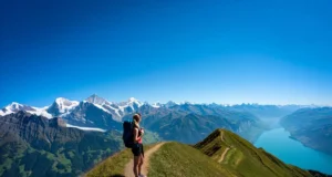 Best Hiking Trails in Switzerland: The Definitive Guide A female hiker on one of the best hiking trails in Switzerland, looking at a panoramic view of the Eiger, Mönch, and Jungfrau peaks.