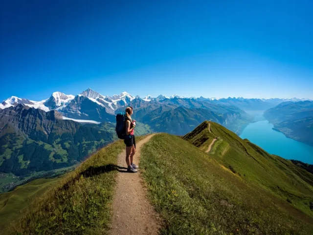 A female hiker on one of the best hiking trails in Switzerland, looking at a panoramic view of the Eiger, Mönch, and Jungfrau peaks.