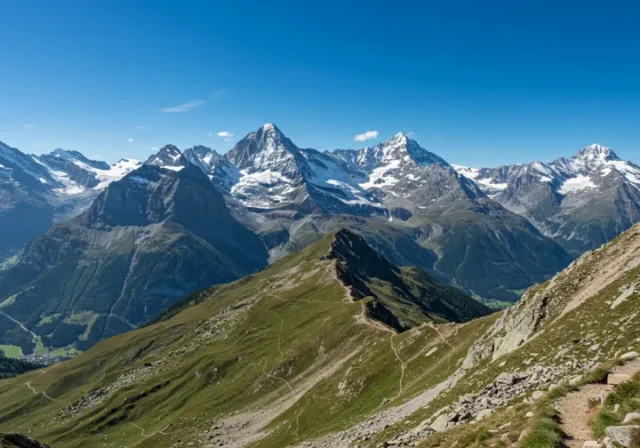 Panoramic view of Swiss Alps with hiking trail, showcasing best hiking trails in Switzerland for jaw-dropping views.