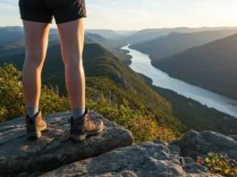 Hiker on Break Neck Ridge overlooking Hudson River, assessing the risk and reward of the challenging hike.