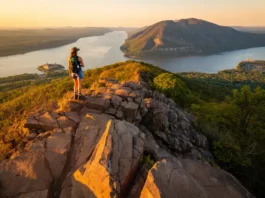 A hiker overlooks the Hudson River from the summit of the Breakneck Ridge hike at sunset, showcasing the challenging trail and panoramic views.