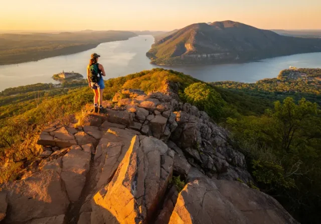 A hiker overlooks the Hudson River from the summit of the Breakneck Ridge hike at sunset, showcasing the challenging trail and panoramic views.