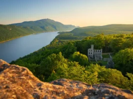 Expansive view from Bull Hill in Cold Spring, NY, showing the Hudson River and the Cornish Estate ruins at golden hour.