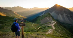 Colorado Trail Guide: Hikes Rated By Difficulty A hiker stands at a trail junction overlooking a panoramic vista of the Colorado Rockies at sunrise, with multiple trails of varying difficulty visible in the valley below.