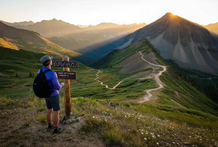 A hiker stands at a trail junction overlooking a panoramic vista of the Colorado Rockies at sunrise, with multiple trails of varying difficulty visible in the valley below.