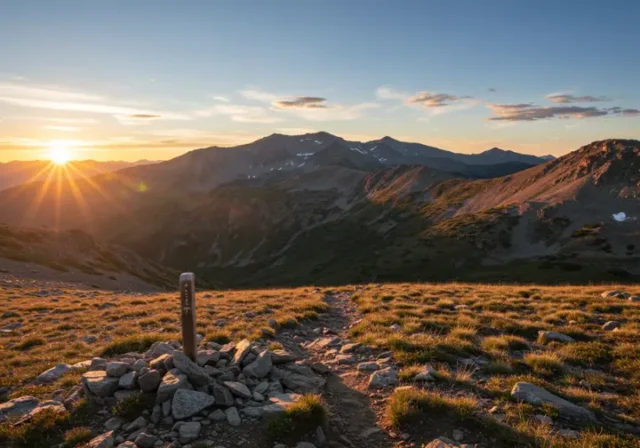 Scenic view of Colorado hiking trails with a mountain range in the background and a trail marker in the foreground.