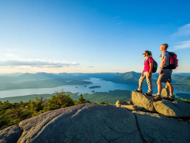 Two hikers at a summit overlook, enjoying the panoramic view of Lake George and the Adirondack Mountains at sunrise.