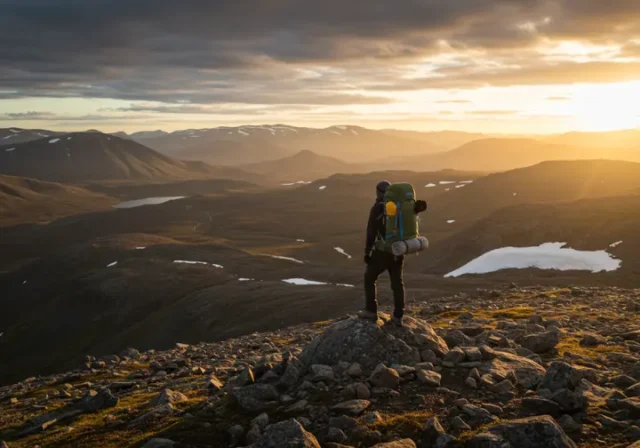 Lone backpacker overlooking a vast, mountainous Arctic landscape, symbolizing survival and resilience in Gates of the Arctic National Park.