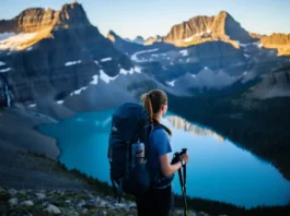 A backpacker stands on a high mountain pass in Glacier National Park at sunrise, looking out over glacial lakes and peaks, prepared for a multi-day trip.