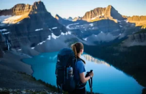 Glacier Backpacking Guide: Routes, Permits & Strategy A backpacker stands on a high mountain pass in Glacier National Park at sunrise, looking out over glacial lakes and peaks, prepared for a multi-day trip.