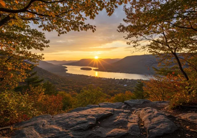 Panoramic view of the Hudson River Valley at sunrise from a hiking trail in Cold Spring, NY, emphasizing solitude and natural beauty