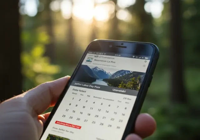 Smartphone screen showing the BC Parks reservation website for Joffre Lakes day passes, highlighting the booking process.