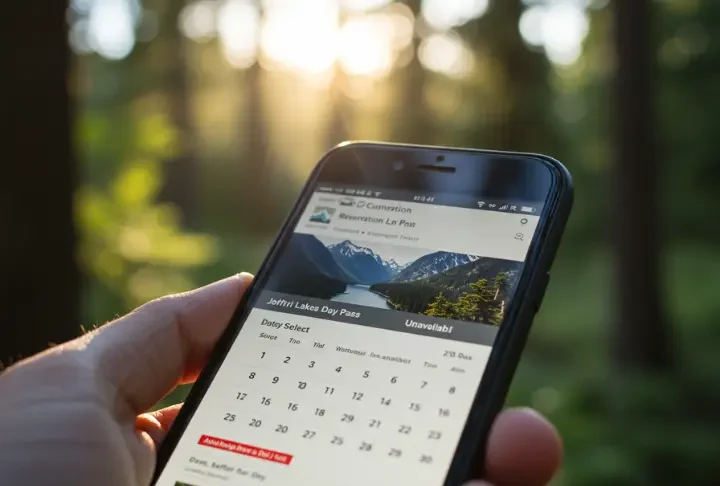 Smartphone screen showing the BC Parks reservation website for Joffre Lakes day passes, highlighting the booking process.