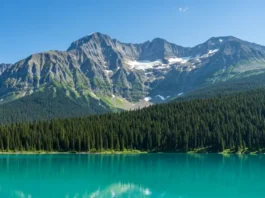 Panoramic view of Joffre Lakes Provincial Park, showcasing the turquoise Middle Joffre Lake, surrounding forests, and snow-capped mountains.