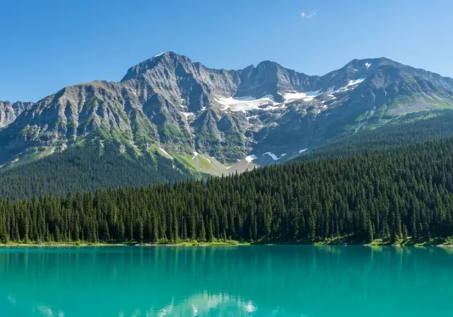 Panoramic view of Joffre Lakes Provincial Park, showcasing the turquoise Middle Joffre Lake, surrounding forests, and snow-capped mountains.