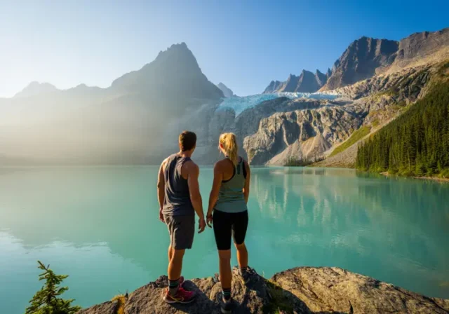 Two hikers look out over the stunning turquoise water of Joffre Lake towards the Matier Glacier in British Columbia.