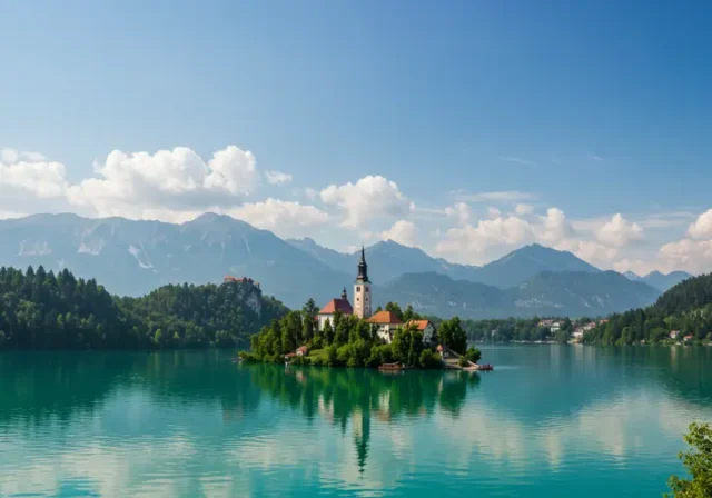 Panoramic view of Lake Bled with island church, castle, and Julian Alps.