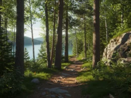 Scenic hiking trail near Lake George, with lush forest and a glimpse of the lake.