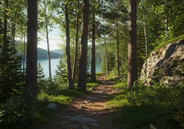 Scenic hiking trail near Lake George, with lush forest and a glimpse of the lake.