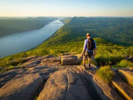A hiker on a rock scramble on the Major Welch Trail, looking at the panoramic view of the Hudson River from Bear Mountain at sunset.