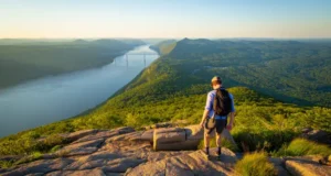 Major Welch Trail Bear Mountain: An Expert Field Guide A hiker on a rock scramble on the Major Welch Trail, looking at the panoramic view of the Hudson River from Bear Mountain at sunset.