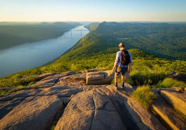 A hiker on a rock scramble on the Major Welch Trail, looking at the panoramic view of the Hudson River from Bear Mountain at sunset.