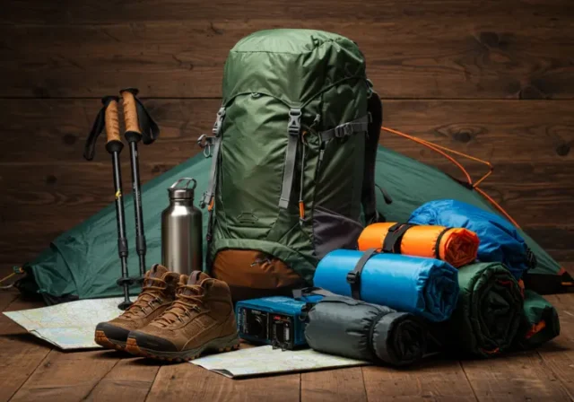 Essential backpacking gear including a backpack, sleeping bag, tent, trekking poles, and map.