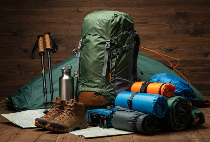 Essential backpacking gear including a backpack, sleeping bag, tent, trekking poles, and map.