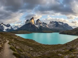 Panoramic view of the O Circuit trek in Patagonia, featuring the Torres del Paine mountains, glacial lake, and hiking trail.