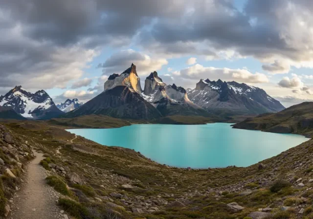 Panoramic view of the O Circuit trek in Patagonia, featuring the Torres del Paine mountains, glacial lake, and hiking trail.