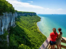A wide, panoramic view from an overlook at Peninsula State Park, showing the dramatic cliffs, Green Bay, and multiple hiking trails through the forest.