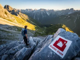 A hiker overlooks a vast valley on the Slovenian Mountain Trail in the Julian Alps at sunrise, with a trail marker in the foreground.