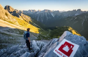 The Complete Slovenian Mountain Trail Hiking Guide A hiker overlooks a vast valley on the Slovenian Mountain Trail in the Julian Alps at sunrise, with a trail marker in the foreground.