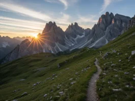 Panoramic view of the Slovenian Mountain Trail at sunrise, showcasing the alpine landscape and hiking path.