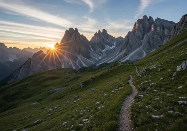 Panoramic view of the Slovenian Mountain Trail at sunrise, showcasing the alpine landscape and hiking path.