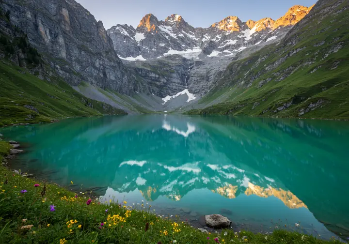 Stunning view of an alpine lake reflecting the Swiss Alps, representing an alpine paradise.