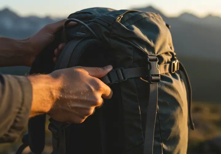 Close-up of a hiker adjusting backpack straps, emphasizing the importance of proper gear fit.